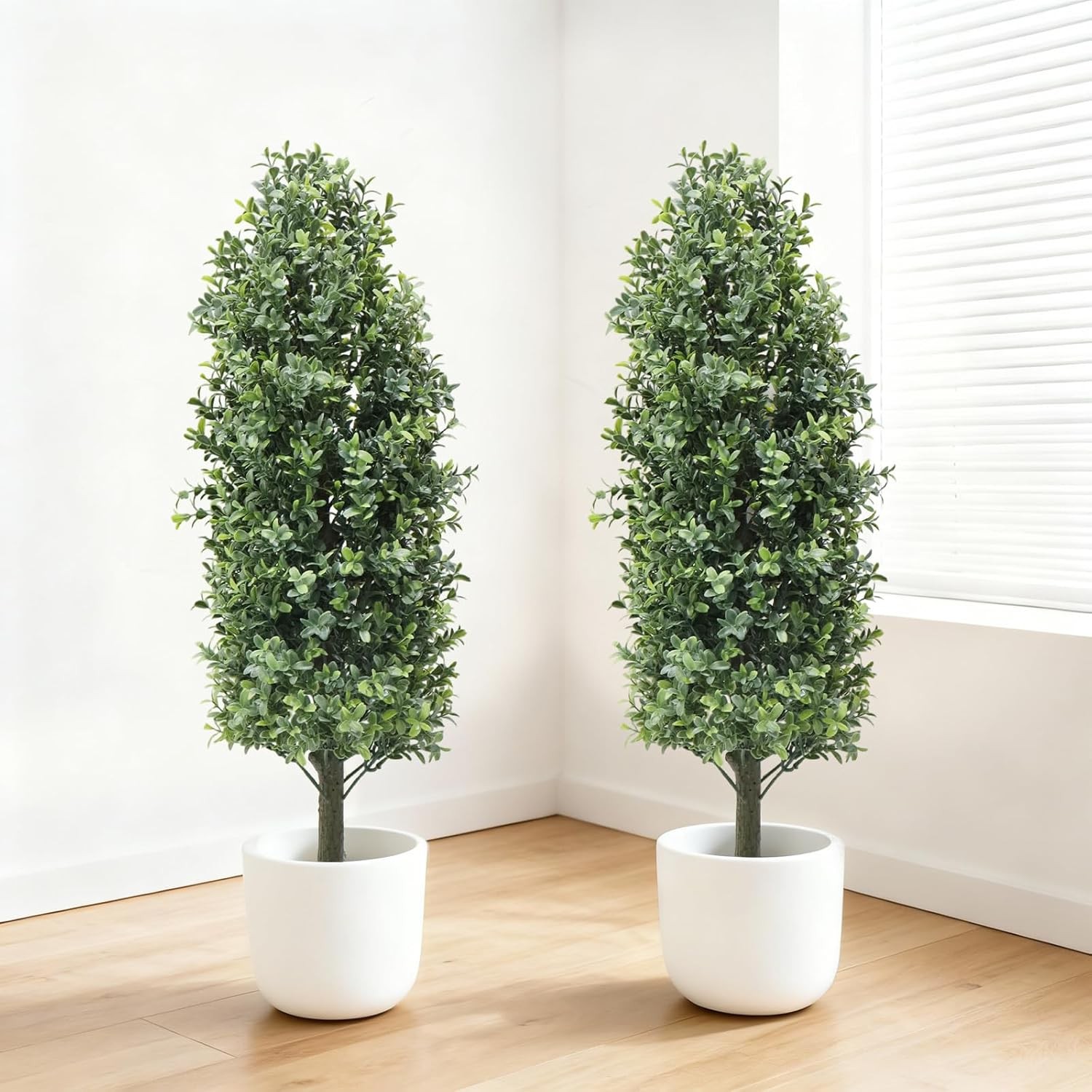 Set of 2 Faux Boxwood Plants: UV Resistant Outdoor Topiary with Ground Spikes
