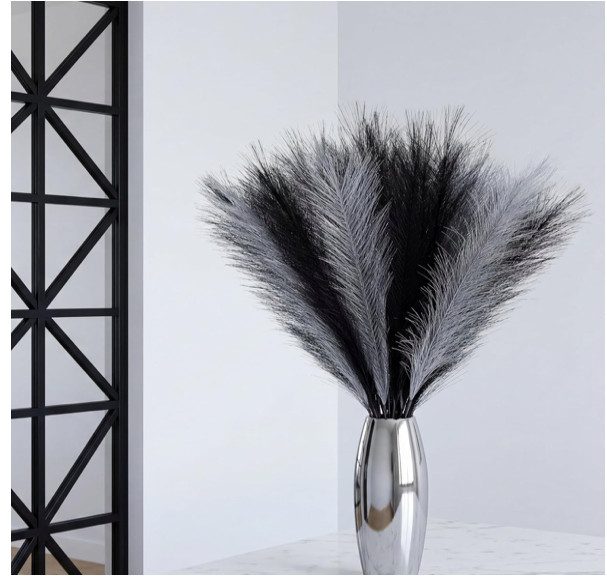30Pcs Black Gray Pampas Grass Decor, 22” Fluffy Faux Pampas Grass Branches for