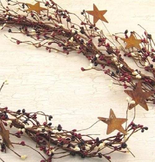 NEW Pip Berry Garland w/ Rusty 2″ Stars Country Mix 40″ Red Cream Blue Berries