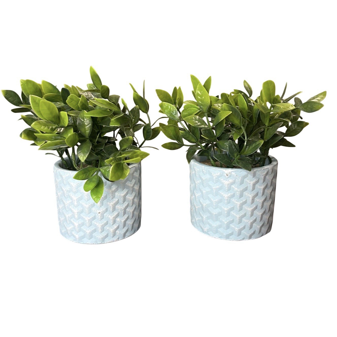 Artificial Potted Eucalyptus Plants 8” Blue Textured Ceramic Vase Set Of 2