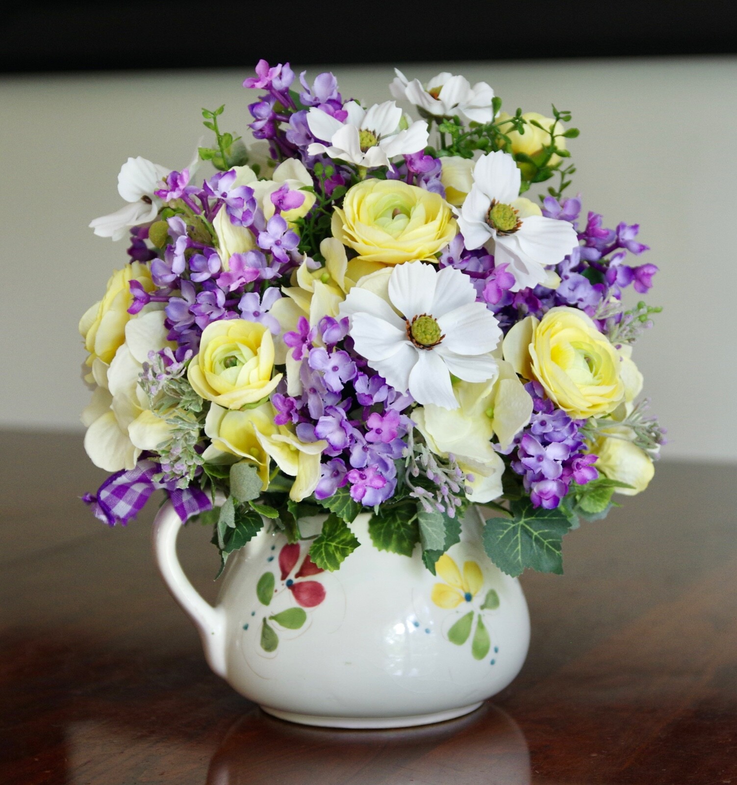 Vintage Hand Painted Portugal Floral Pitcher With Silk Lilac Arrangement