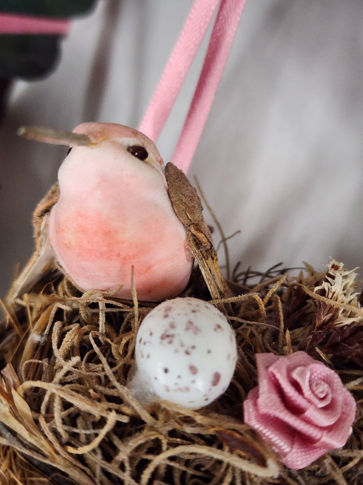 Vintage Small Bird Nest Wreath Wall Hanging Cottagecore Floral Pink Ribbon