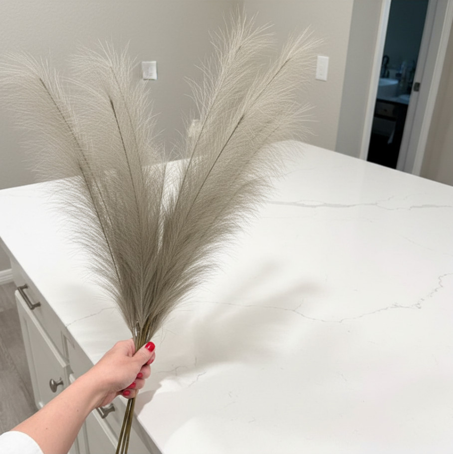 Set of 3 Faux Gray Feather Pampas Stems Coastal Farmhouse Rustic Styles 38″H