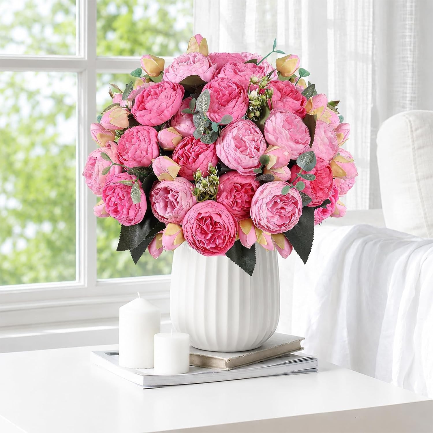 4 Bundles Realistic Silk Peonies Bouquet – Elegant Red & Pink Home Decor