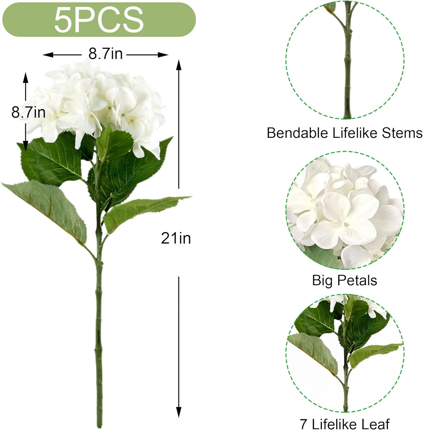 5 Pcs White Hydrangea Artificial Flowers, 21” Faux Hydrangea with Stems | Reali