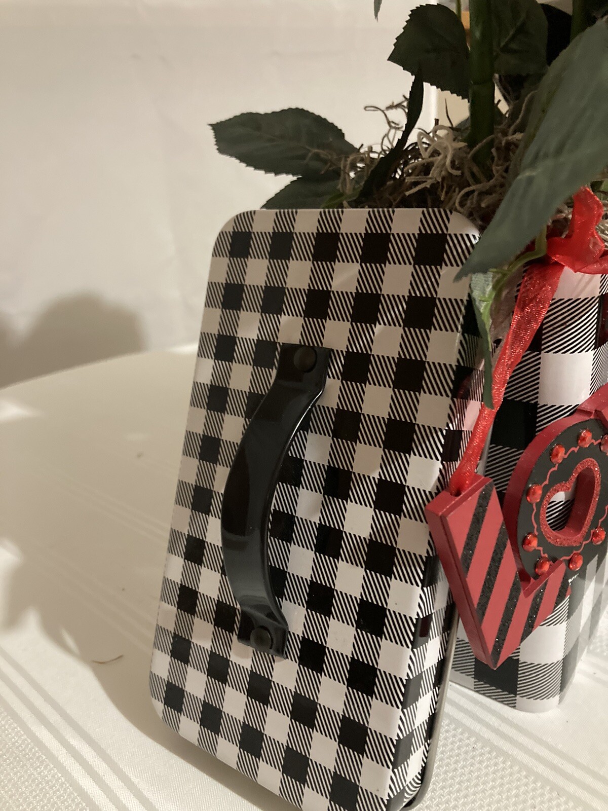 Valentine Red Roses With Black & White Checked Container