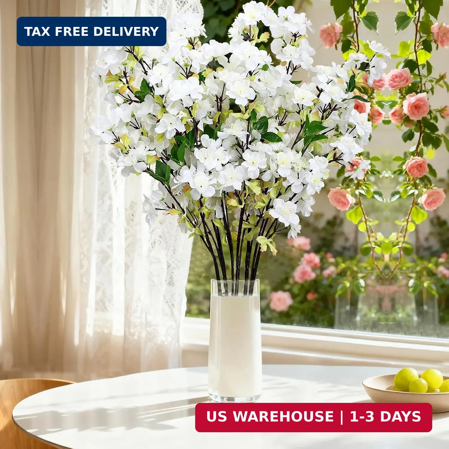 6Pcs White 27” Artificial Cherry Blossom Branches for Home Decor | Fake Silk, L