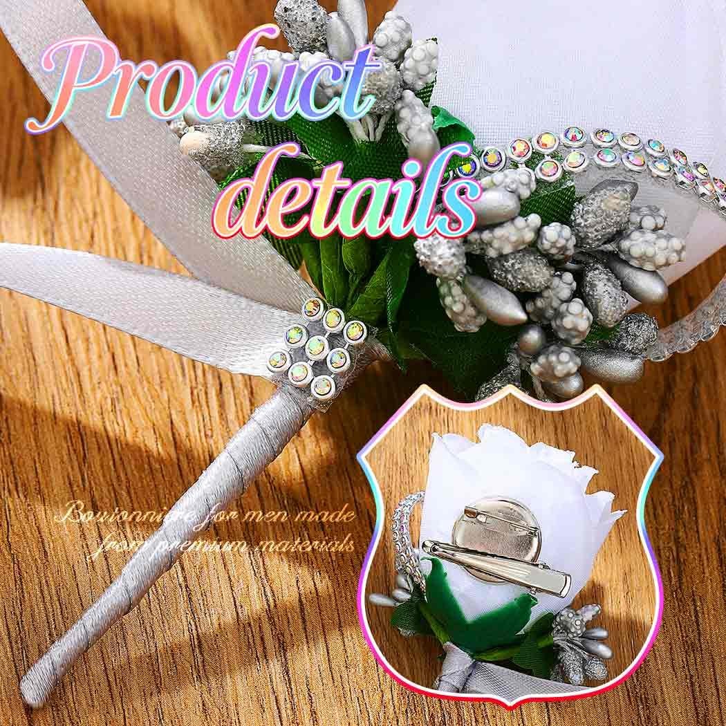 Rose Wedding Boutonniere White Groom Flower Buttonholes Men Silver Gray