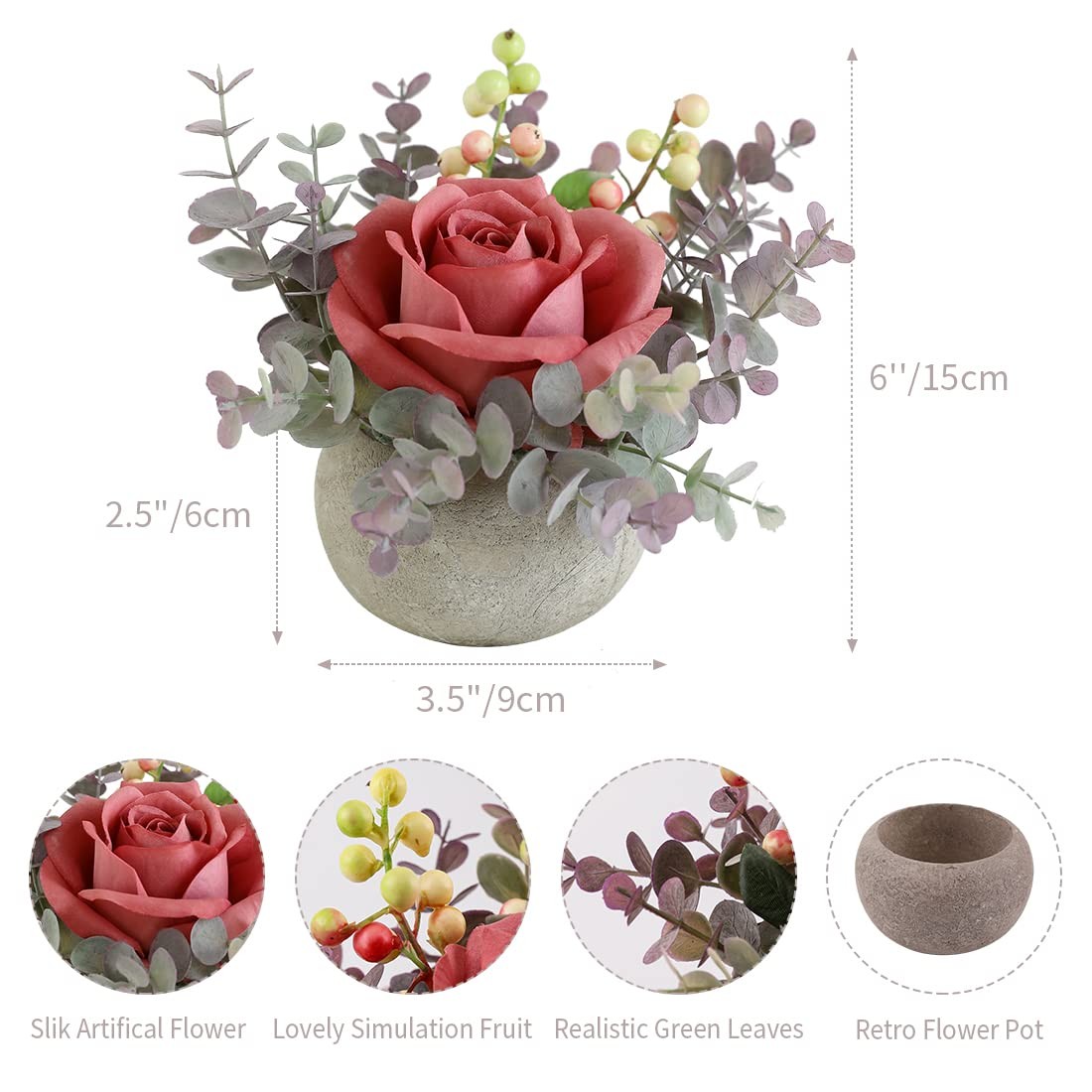 Rosscer Small Artificial Pink Rose Potted Plant, 6″ Fake Silk Flowers in 3.5″…