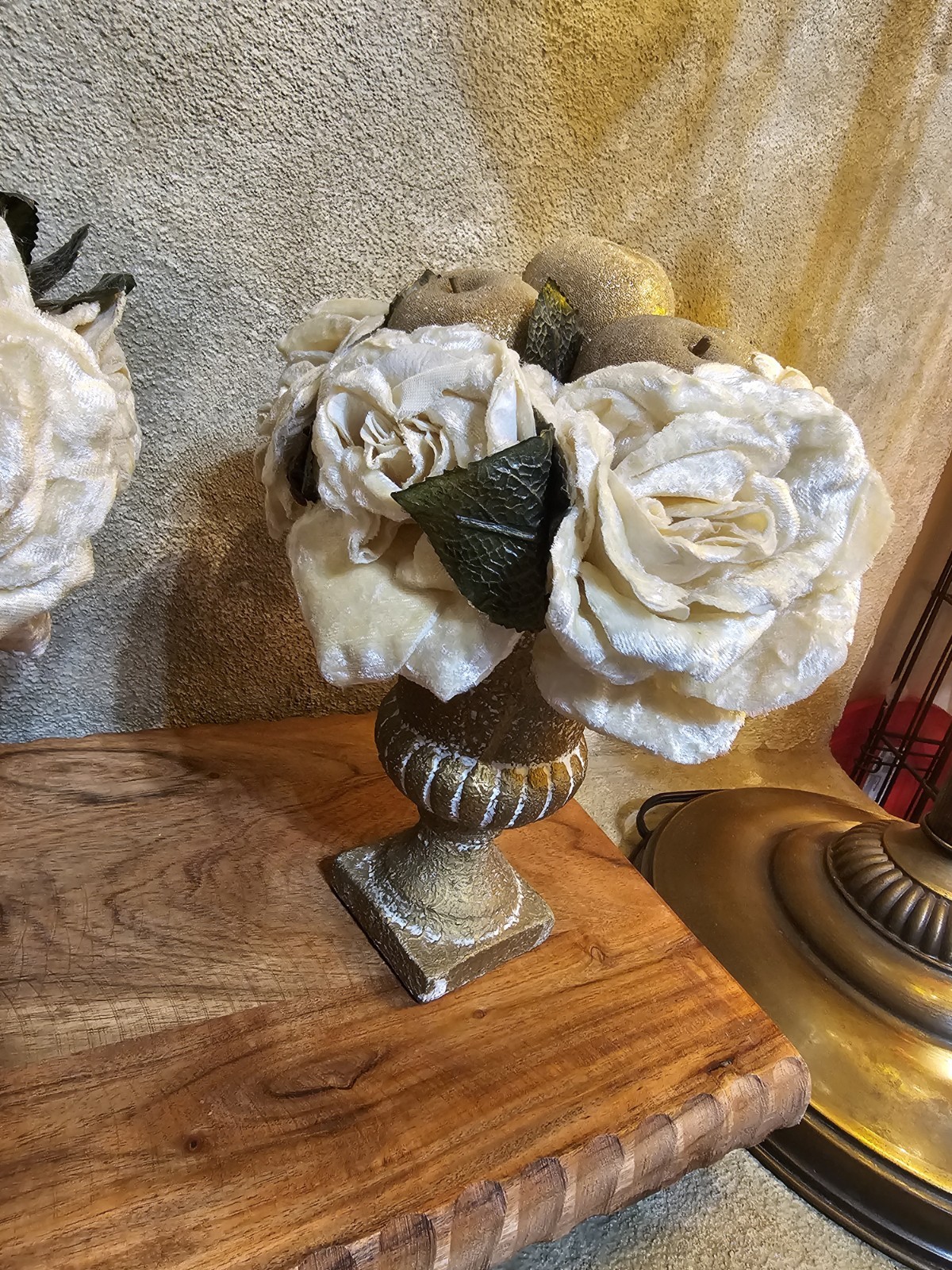 2 Vtg Velvet Floral Arrangement Cream Rose Glitter Apple in Champagne Urn/bowl