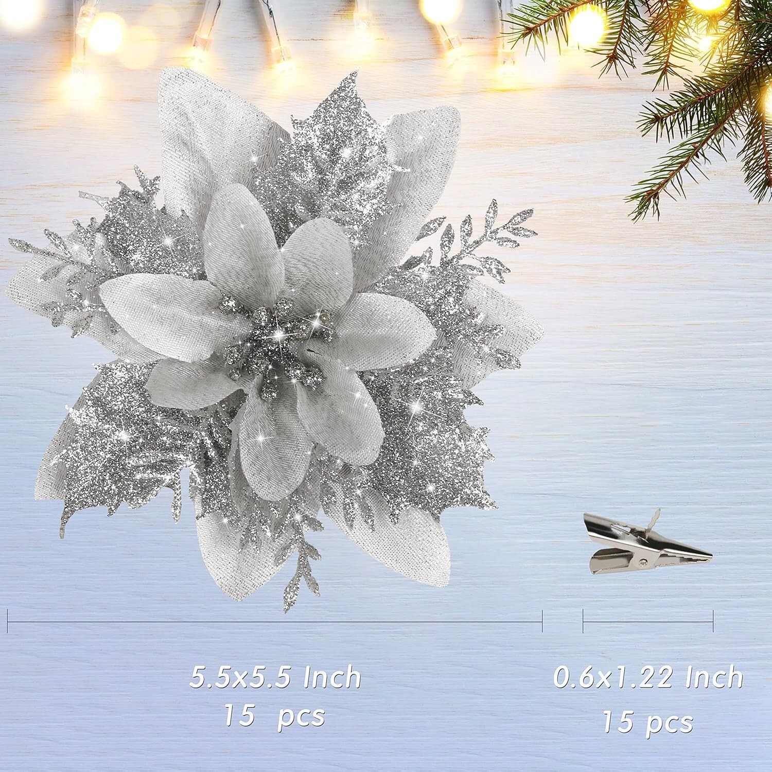 15 PCS Silver Glitter Poinsettia Flowers with Clips for Christmas Tree Decor