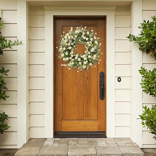 Daisy Wreath 24 Inch with Fake Silk Floral Green Eucalyptus Leaves and White
