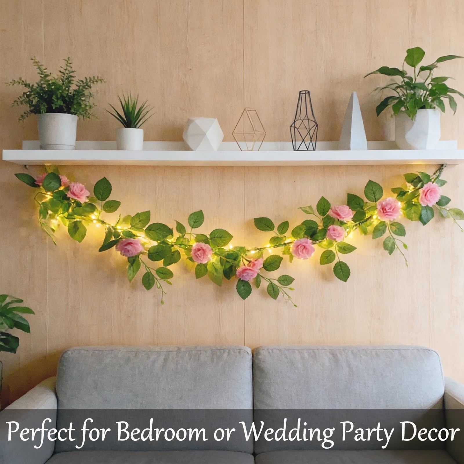 5.9ft Artificial Rose Flower Garland with 70 LED String Lights