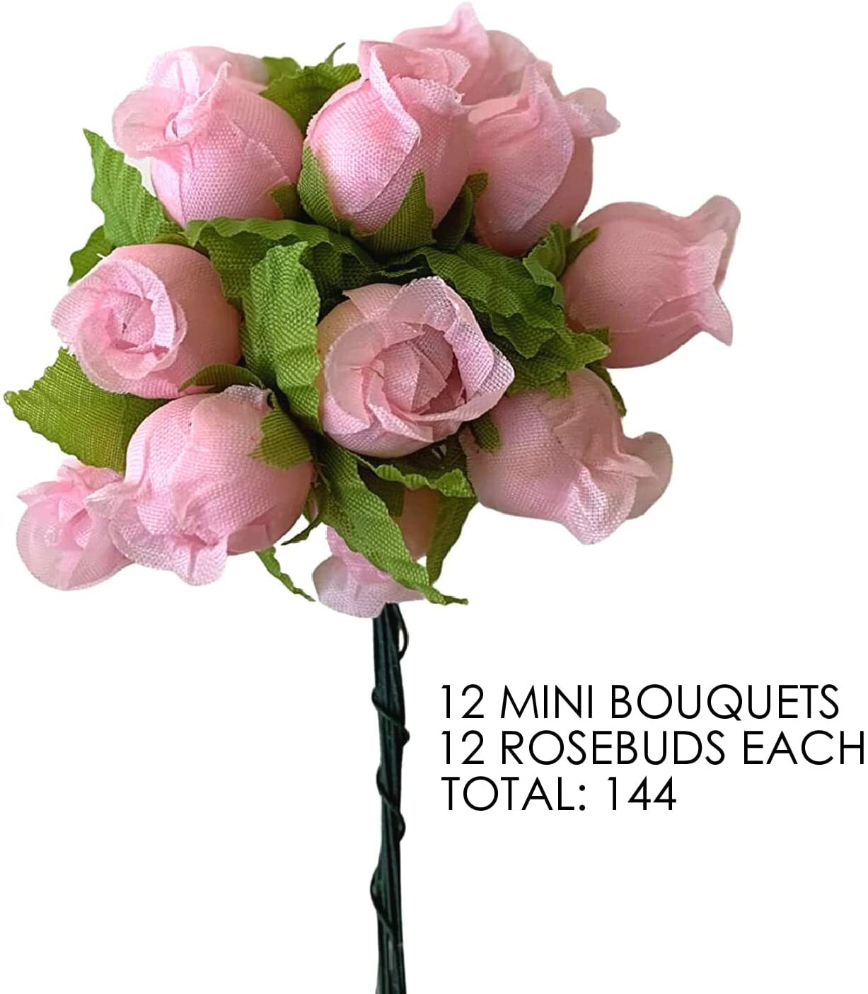 Pink Artificial Silk Flower Roses – 12 Mini Bouquets of 12 Rosebuds, 144 Total