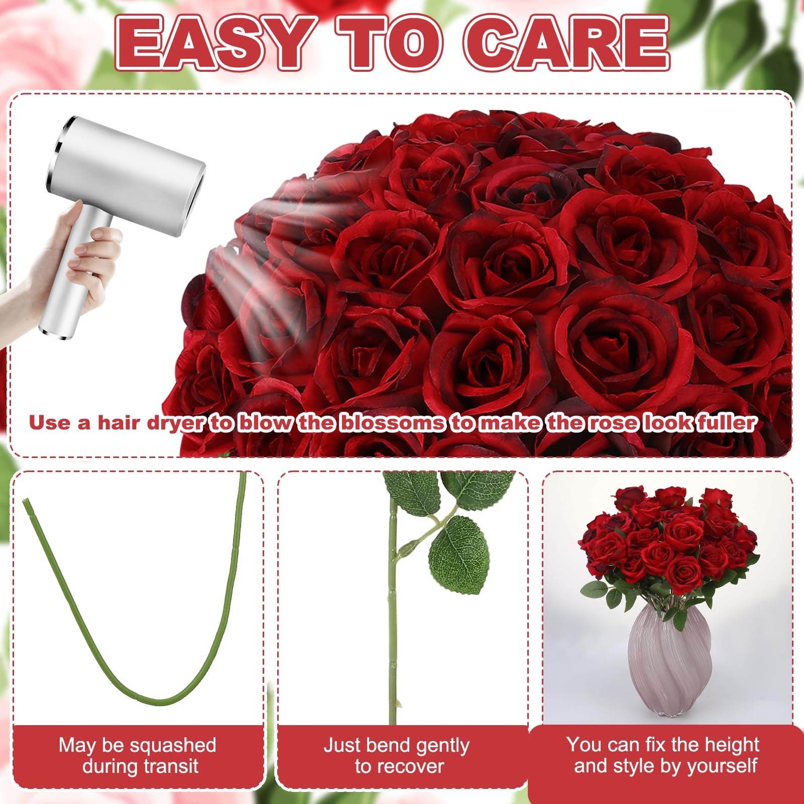 Hoemwarm 36 Pcs Burgundy Artificial Roses with Long Stems, Fake Silk Rose Art…