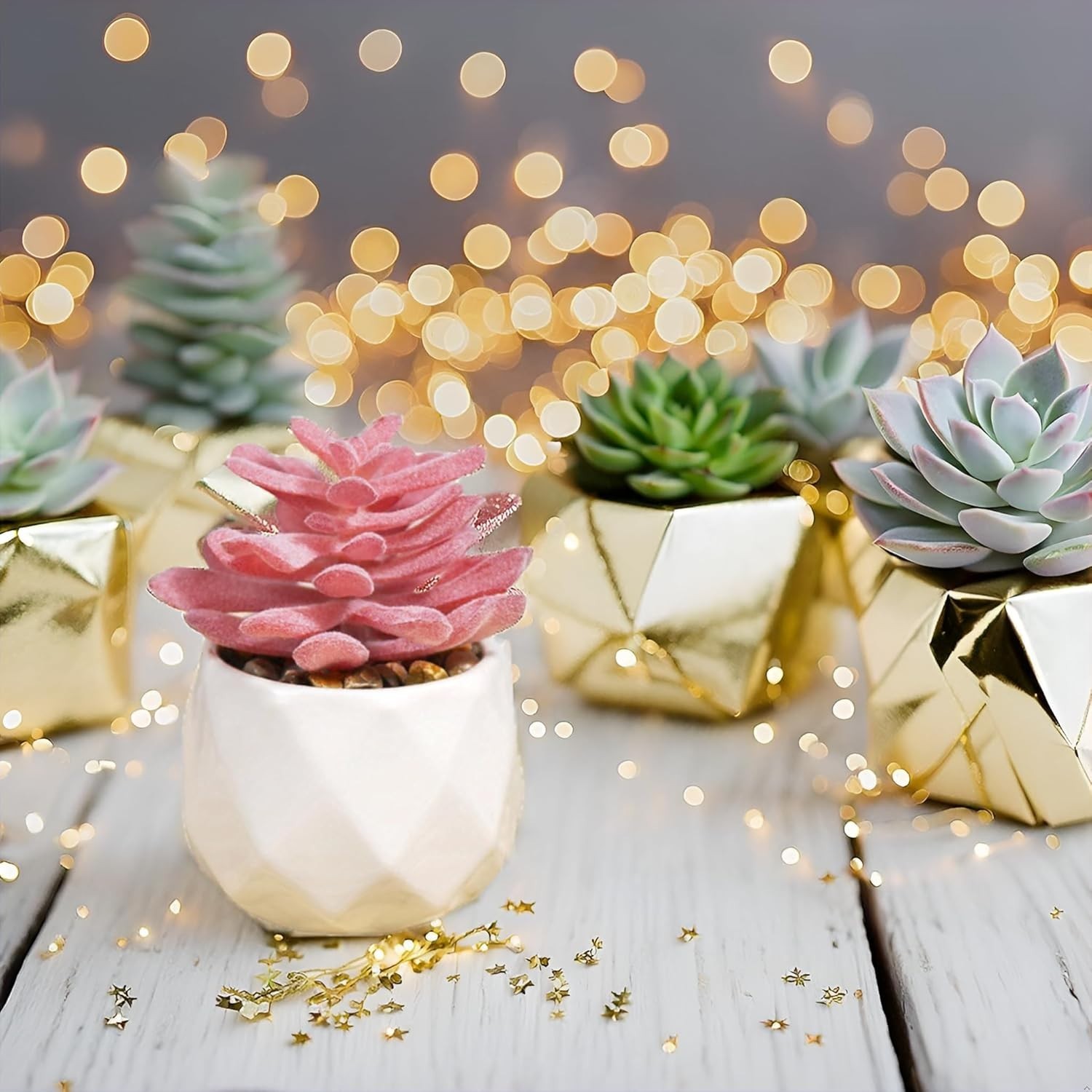 Set of 4 Rose Pink Mini Faux Succulents in White Ceramic Pots for Home Decor