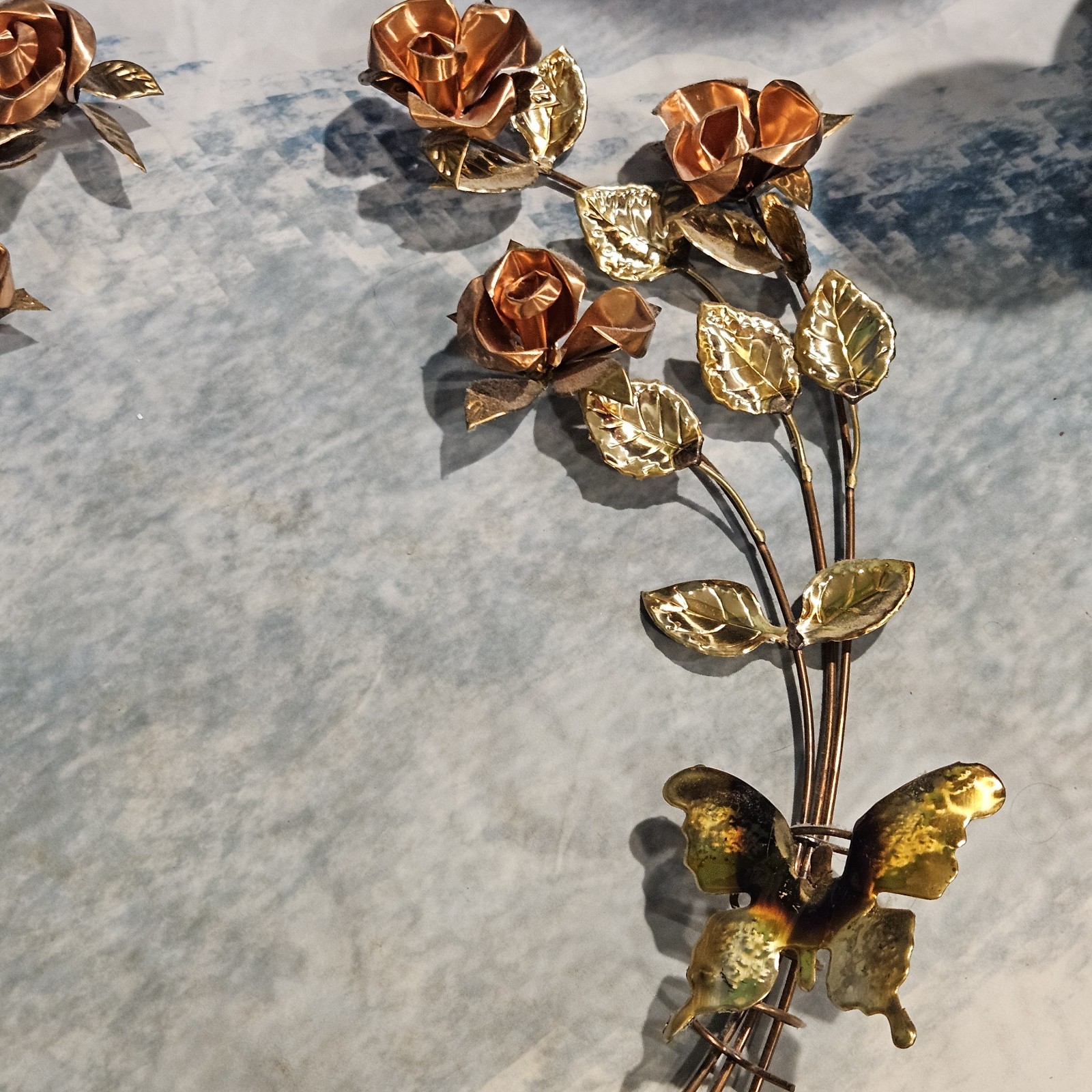 Vintage Metal Rose Wall Decor Gold Copper Butterflies Floral Hanging 20″