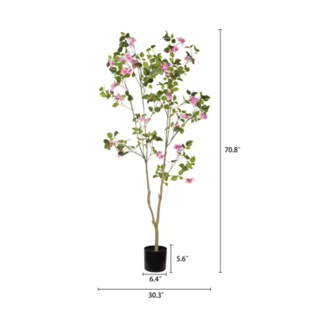 72In. Pink Indoor Artificial Bougainvillea Tree in Black Plastic Pot-Realistic F