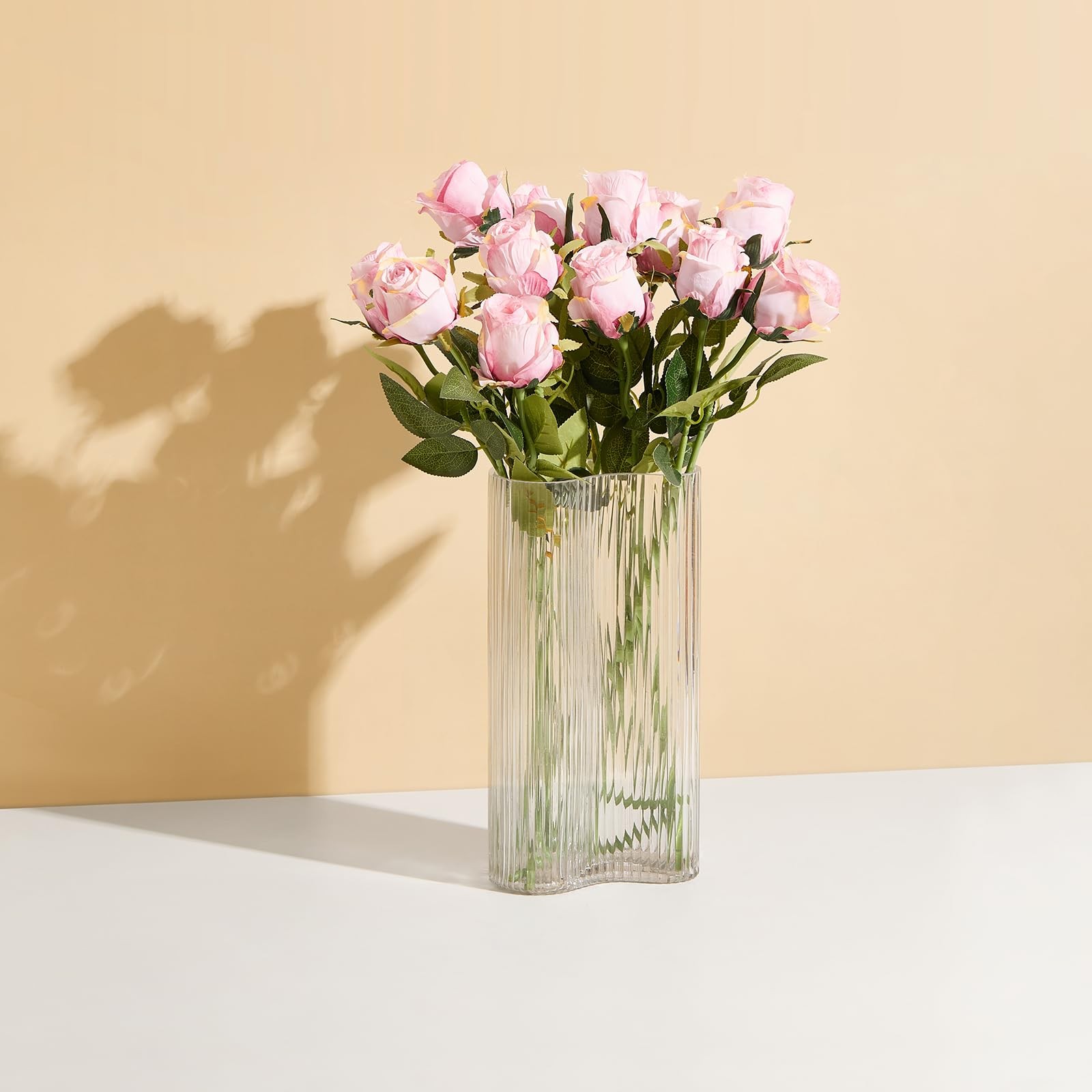 12 Pcs Light Pink Roses Artificial Flowers -20″ Silk Roses Bouquet,Fake Roses…