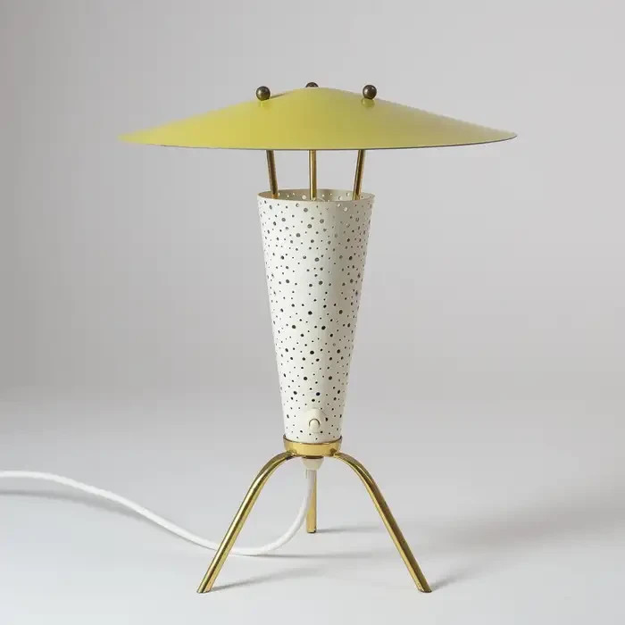 Mid-Century Modern Tripod Table Lamp – Perforated Metal Cone & Yellow UF