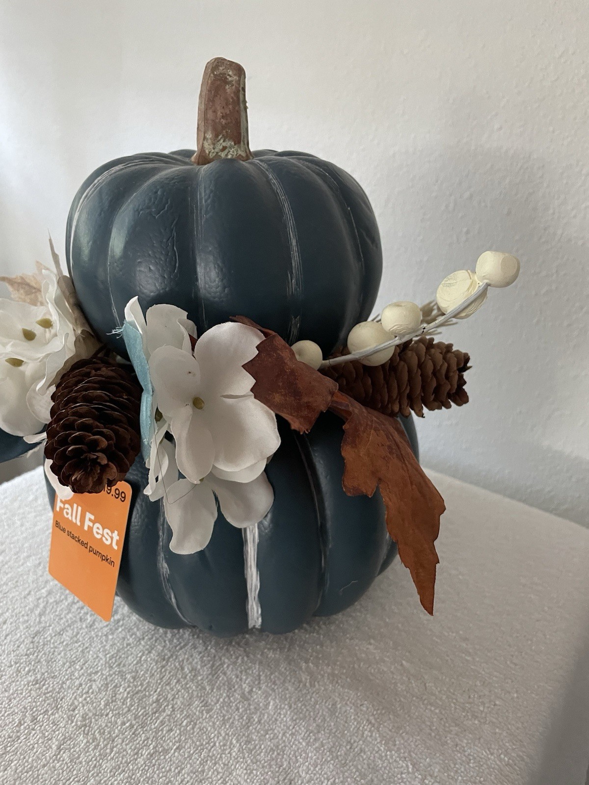 Coastal/Country Blue Stacked Pumpkin Fall Flower Arrangement With Pinecones