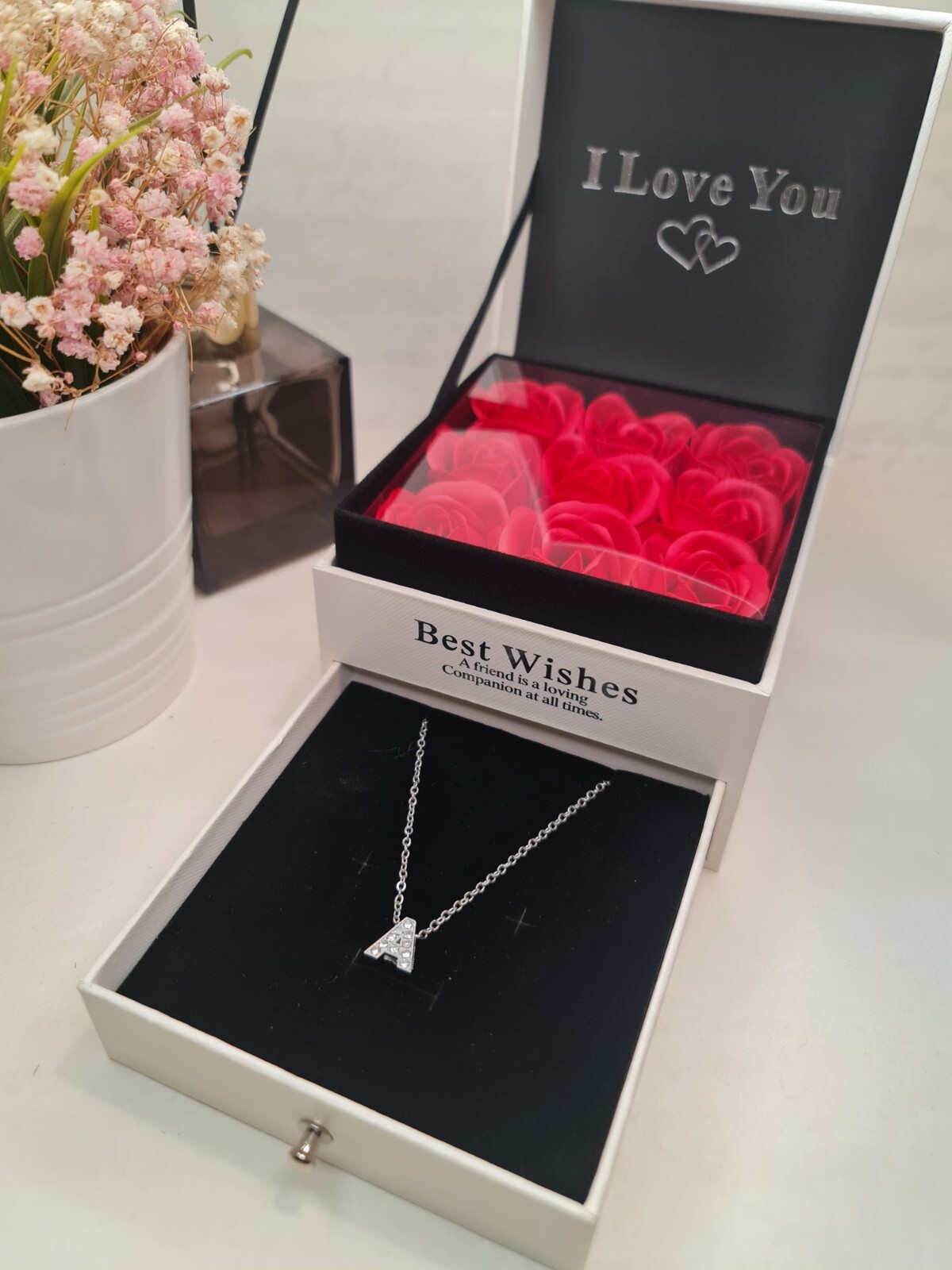 Soap Rose Flower Valentine’s Day Personalised Gift Box Handmade with Necklace