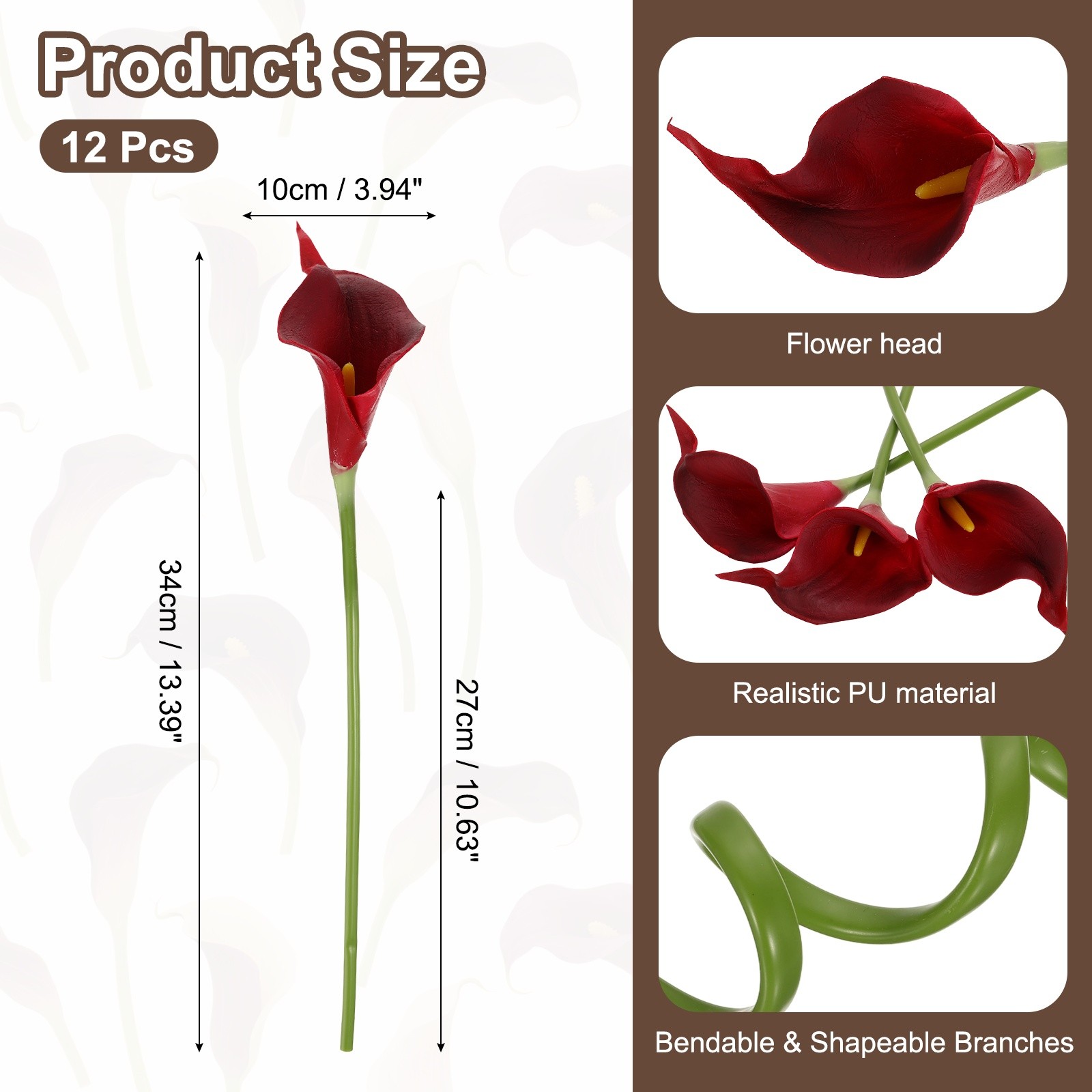 12Pcs 13 Inch Artificial Calla Lily Fake Flowers Real Touch Burgundy/Yellow