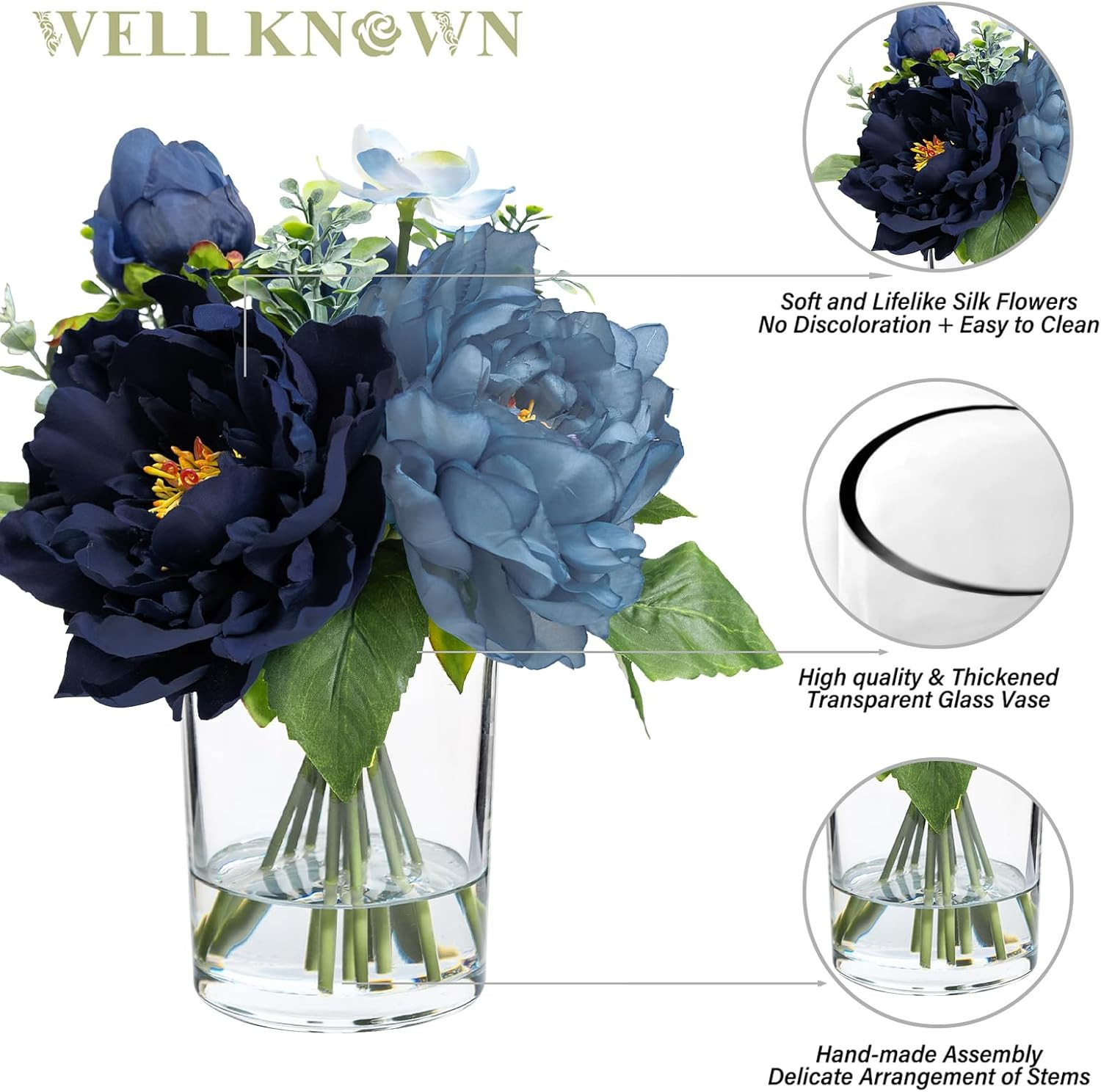 Silk Peony Flower Bouquet in Glass Vase with Fake Water – Navy & Light Blue