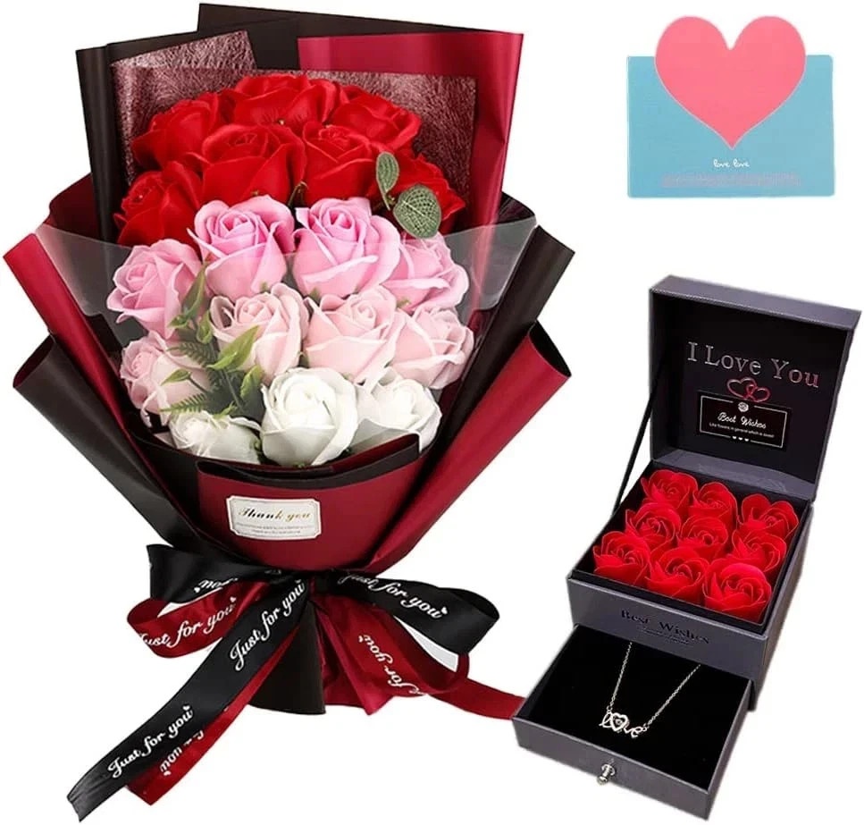 Roses Bouquet Artificial Flower – Preserved Red Rose Flowers with Love Necklace
