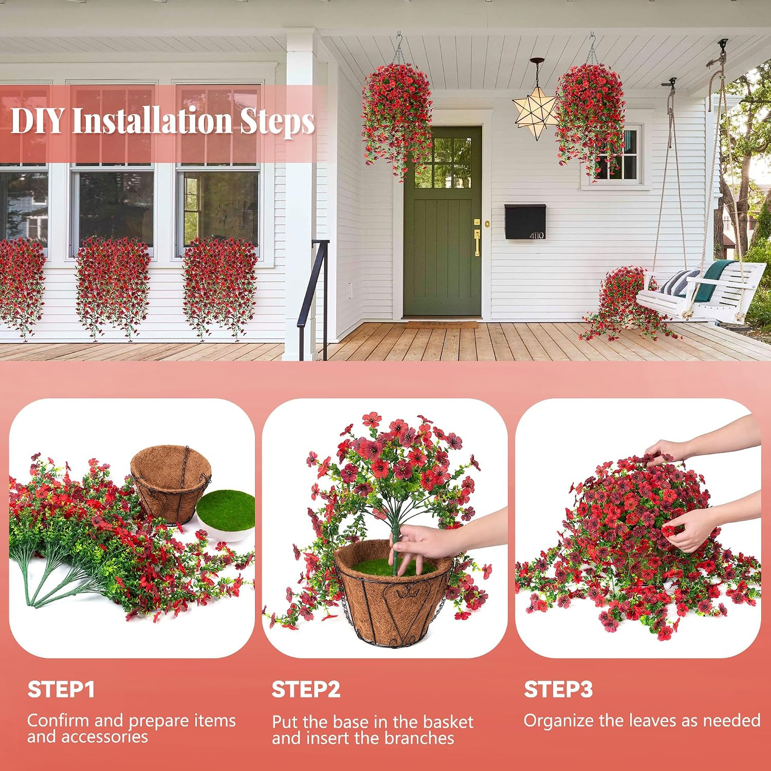 UV Resistant Faux Hanging Flower Basket – Red Brown Daisy & Eucalyptus Decor