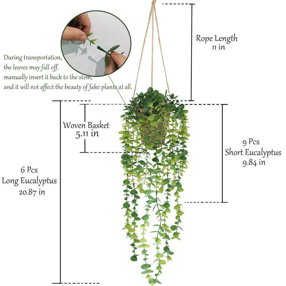 20.87 In. Green Fake Hanging Plant with Woven Basket, Artificial Vines Eucalyptu