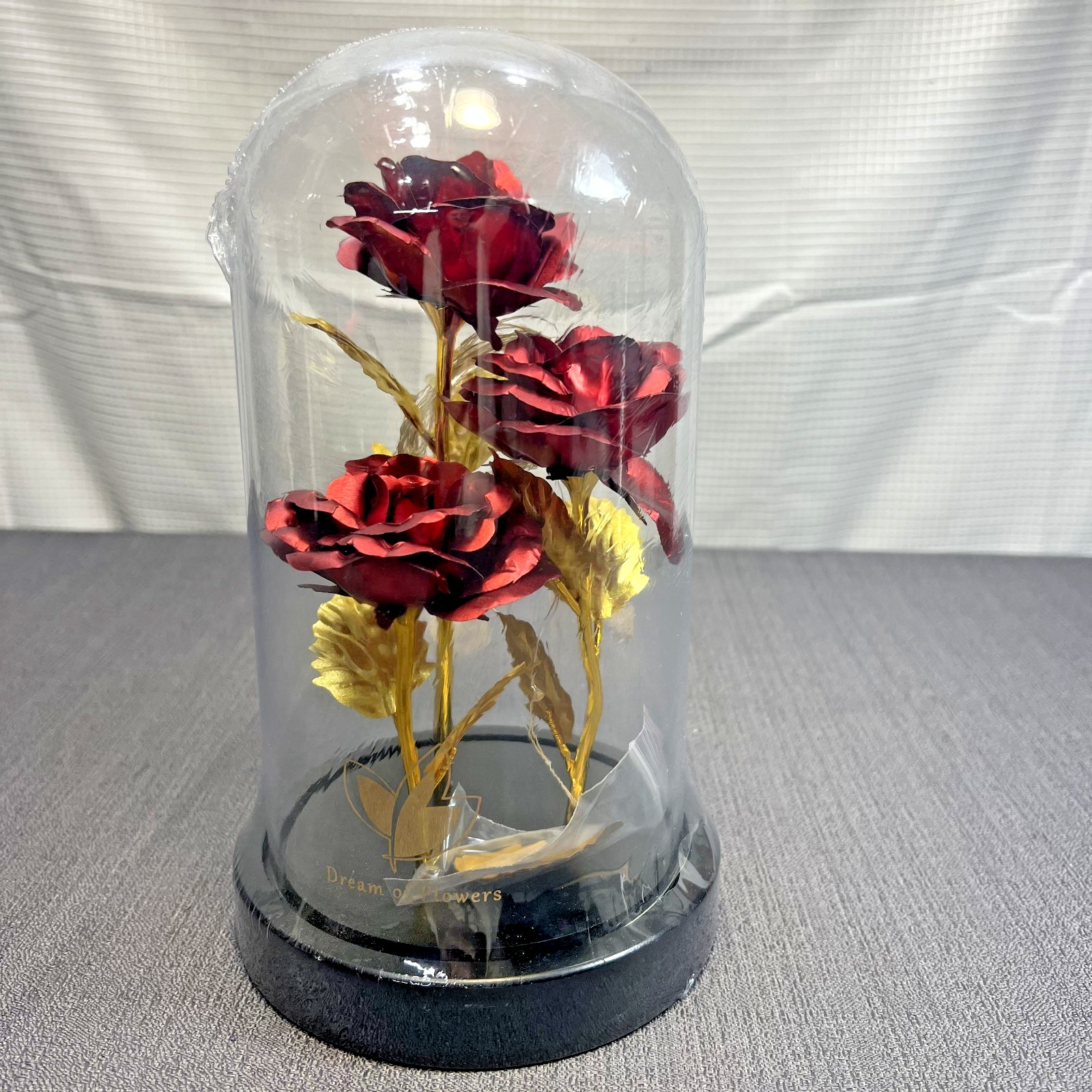 Dream Of Flowers Forever Roses Foiled Led Light Strand in Glass Dome Wooden Base