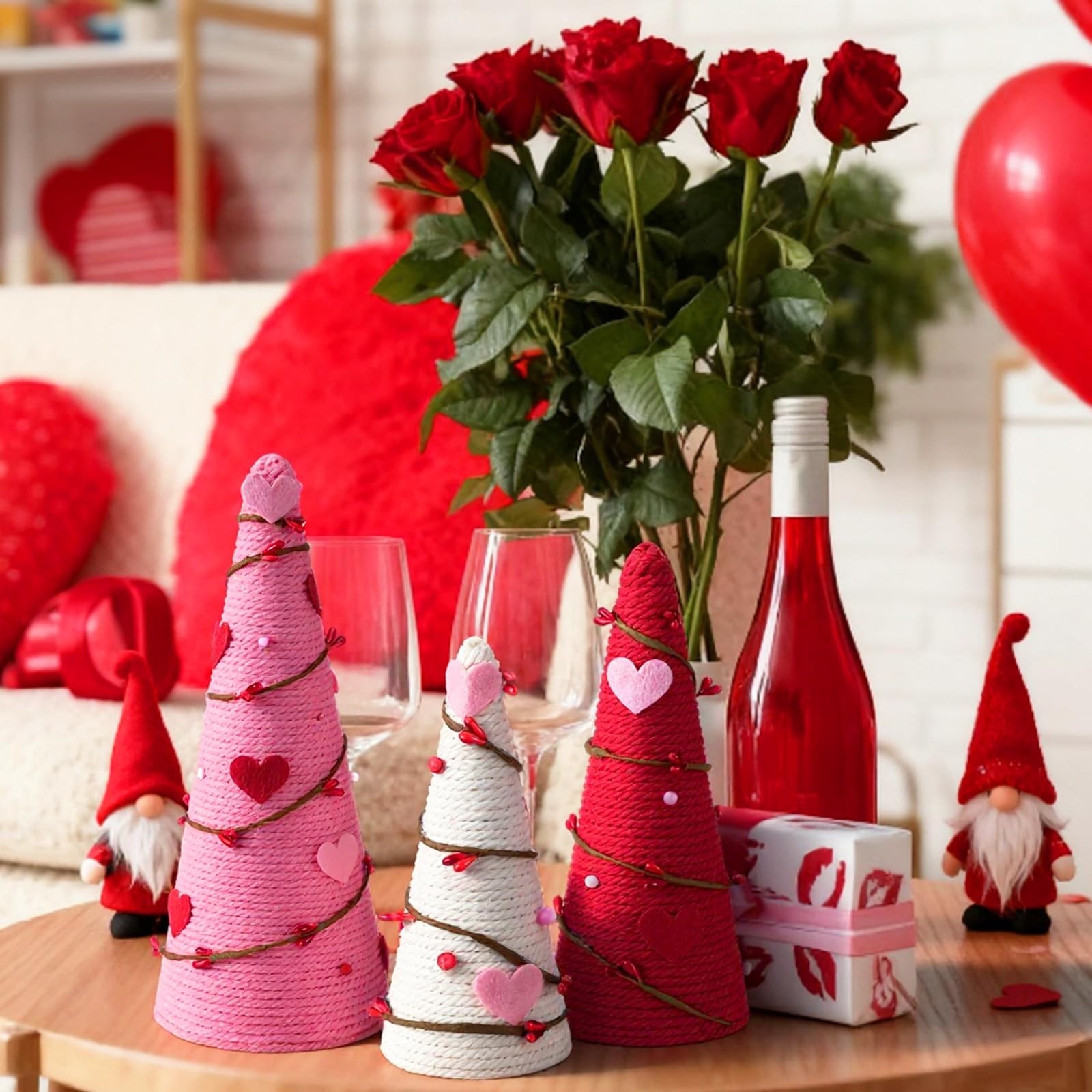 3 PCS Valentine Tree Table Decor Artificial Cone Heart Red Pink White