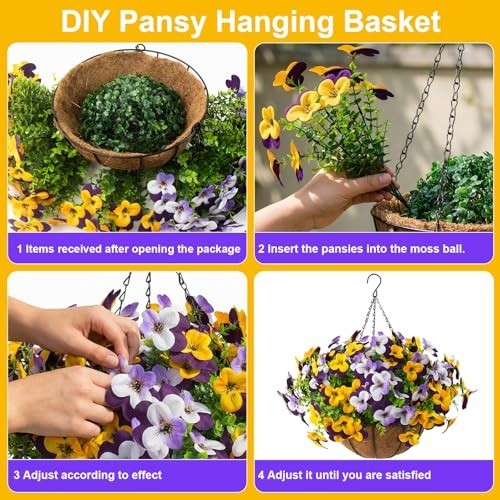 2 Set Artificial Pansy Flowers with Hanging Baskets – Silk Floral Decor for Spri