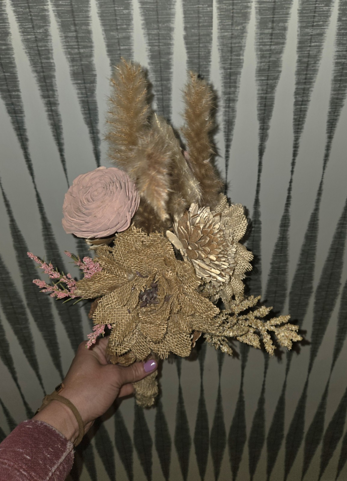 Boho Dried Floral Bouquet Rustic Burlap & Pampas Sola Wood Flowers Home Decor