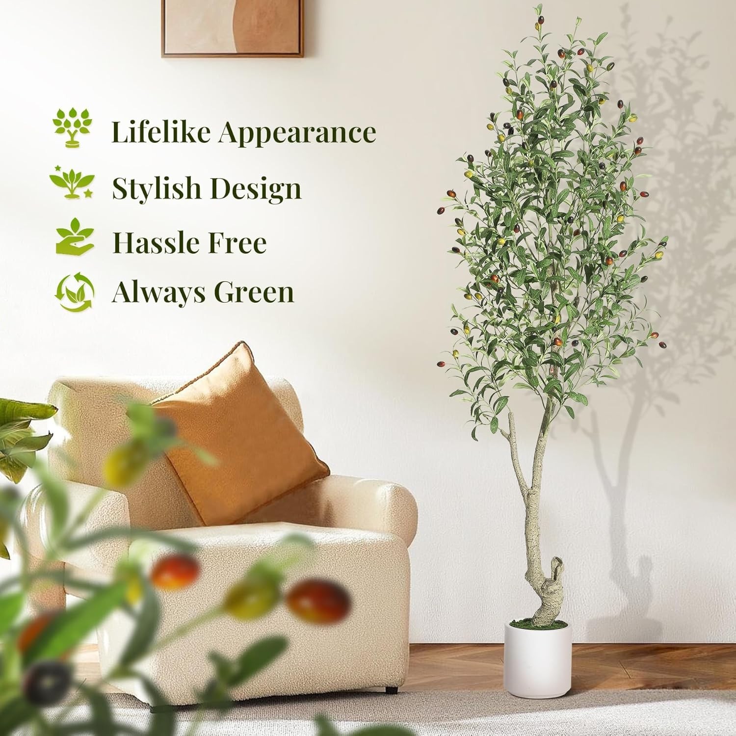 6FT Artificial Olive Tree Indoor W/ Natural Trunk &White Planter for Home Office