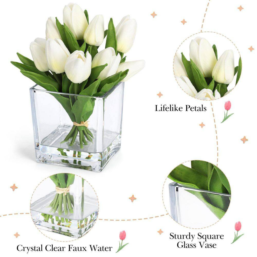 7.4 In. Real Touch White Artificial Tulip Arrangement in Clear Glass Vase, Indoo