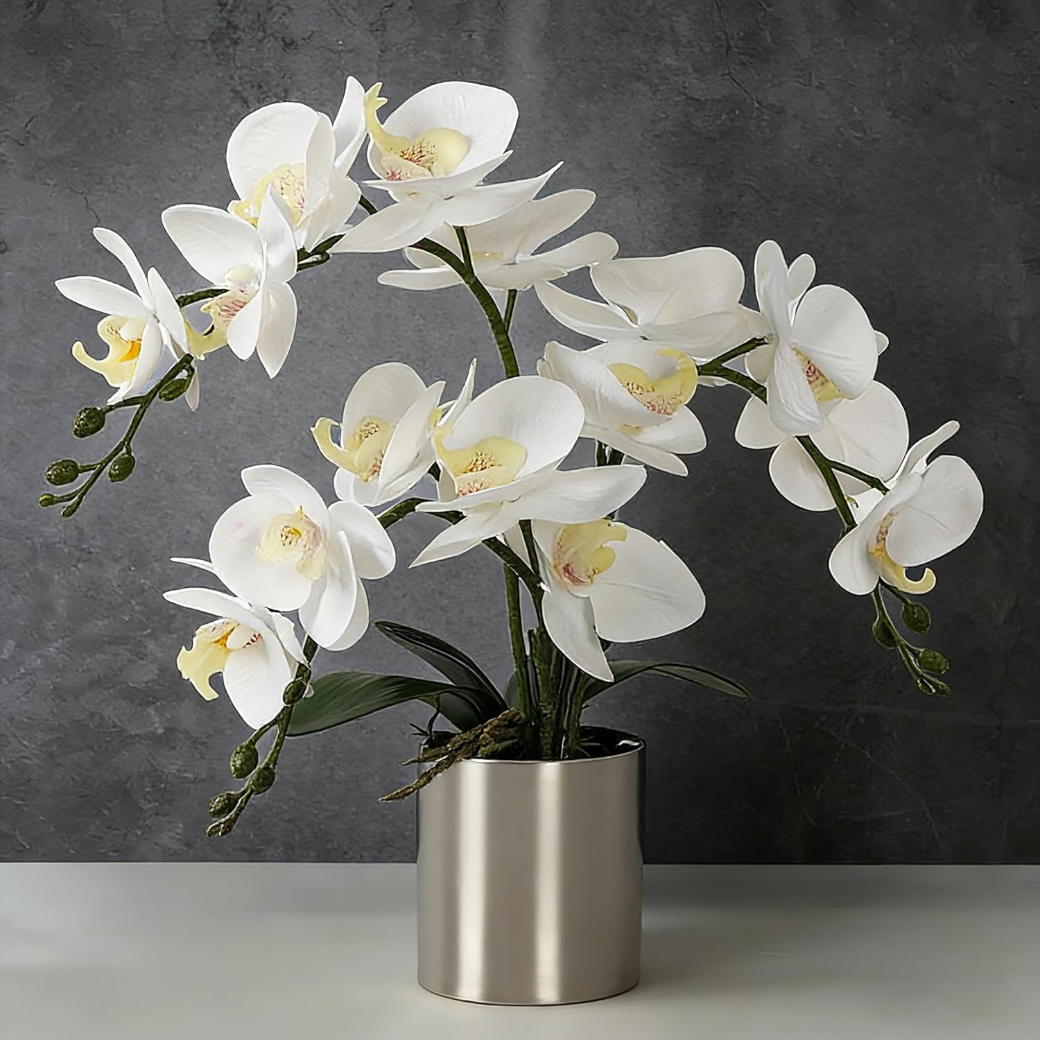 Real Touch White Orchid Arrangement in Silver Vase for Home Decor
