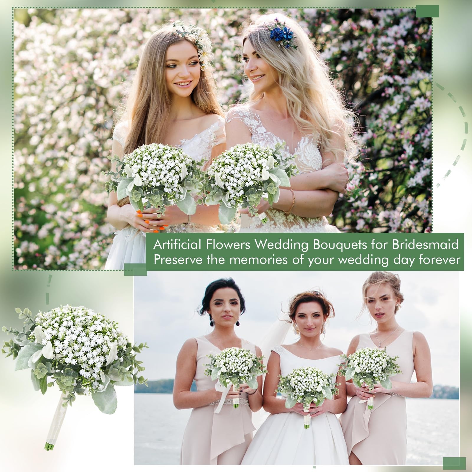 Wedding Artificial Bridesmaids Bouquets Set of 6- Faux Babys Breath White Fak…
