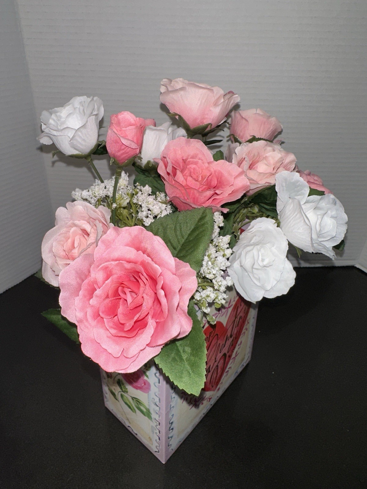 Valentine’s Day Floral Arrangement Pink & White Roses w/Baby’s Breath 12.5” x 10