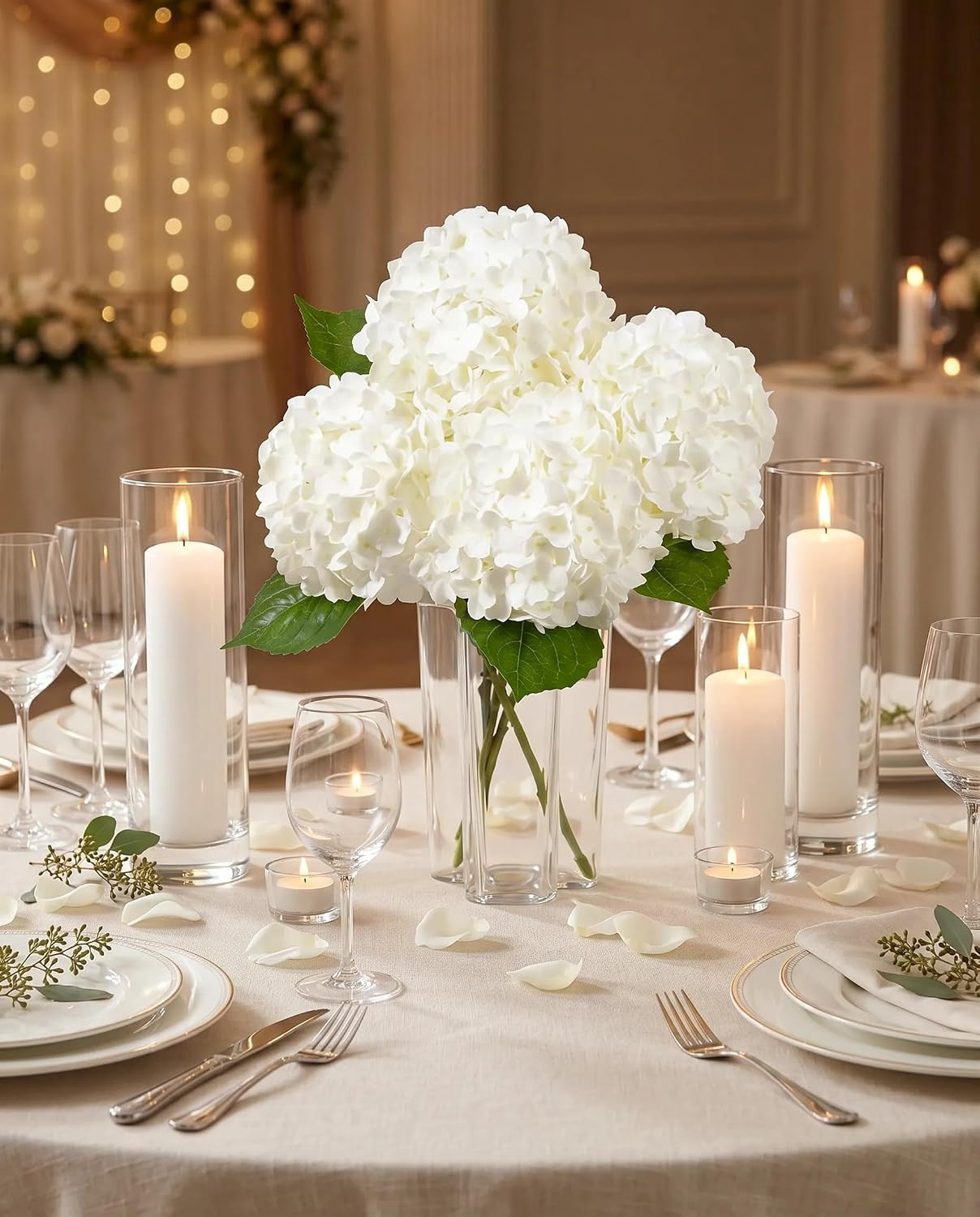 Large White Faux Hydrangea Flowers – 4 Pcs Real Touch for Home & Events