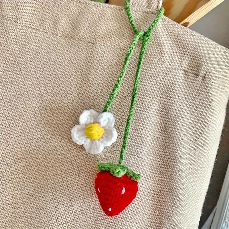 Crochet Strawberry Hanging Plant Car Charm Rear View Mirror Decor Ornament