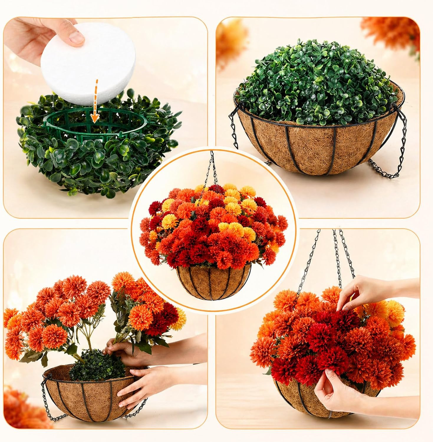 6 Bundle Fall Mum Artificial Flower Hanging Basket for Outdoor Porch Decor Fake