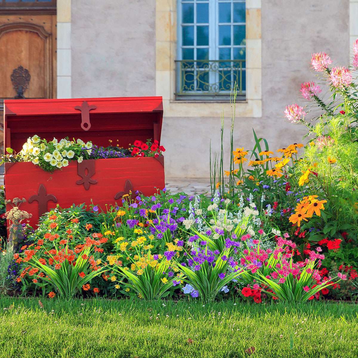 2 Bundles Artificial Fake Plastic Flowers for Outdoor Decoration UV Resistant