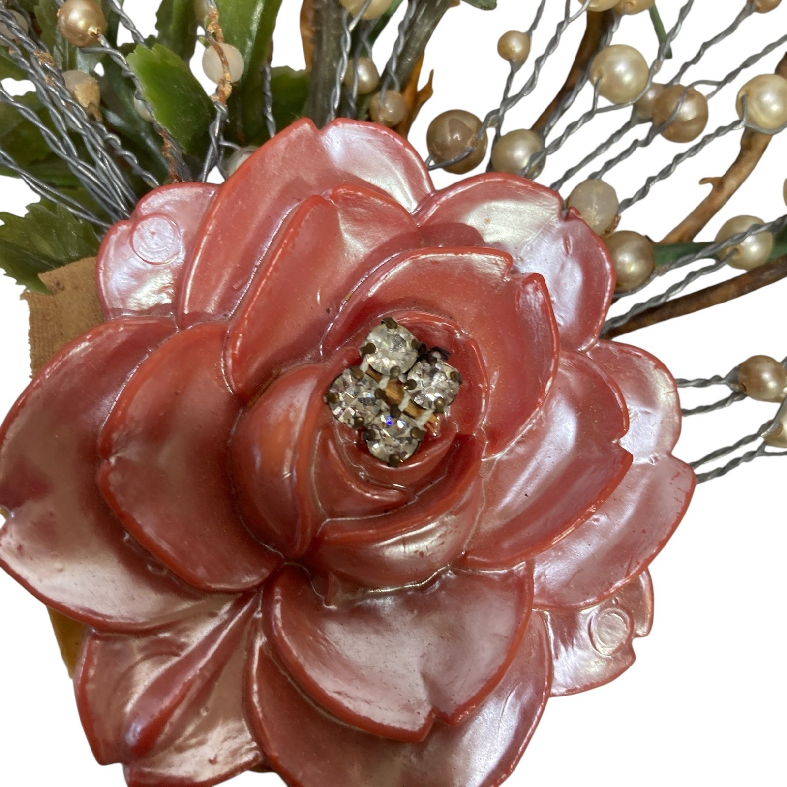 VTG Floral Arrangement Roses Pearl Beads Decorative Bouquet Display Handcrafted