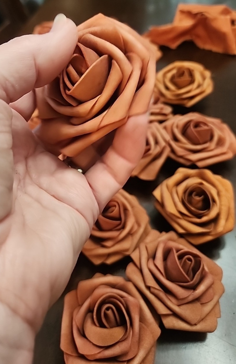 21 Foam Flower Blossom Heads Roses Terracotta Sunset & Burnt Orange Stemless