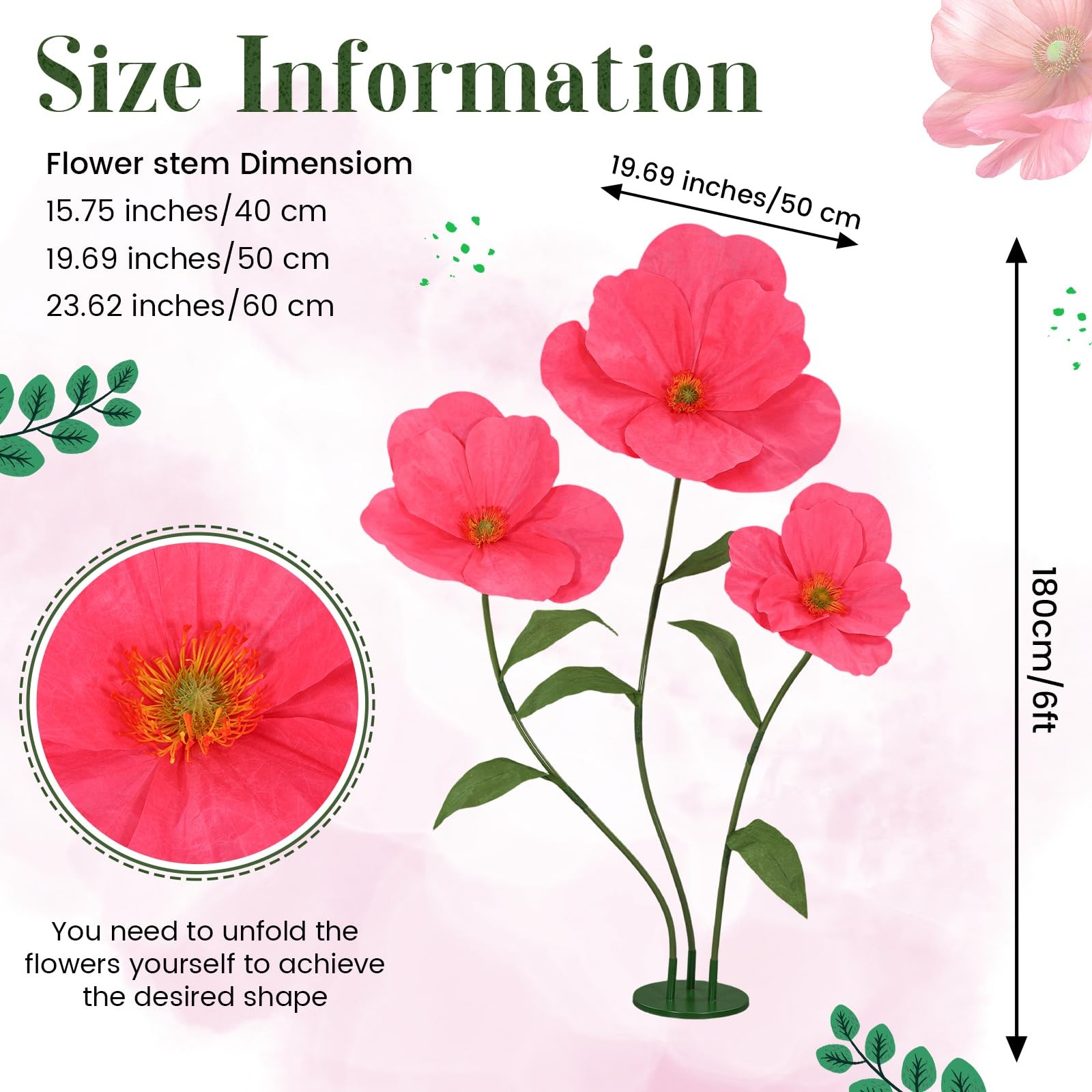 6ft Rose Red Giant Flowers for Decoration with Stand, Large Artificial Poppy,…