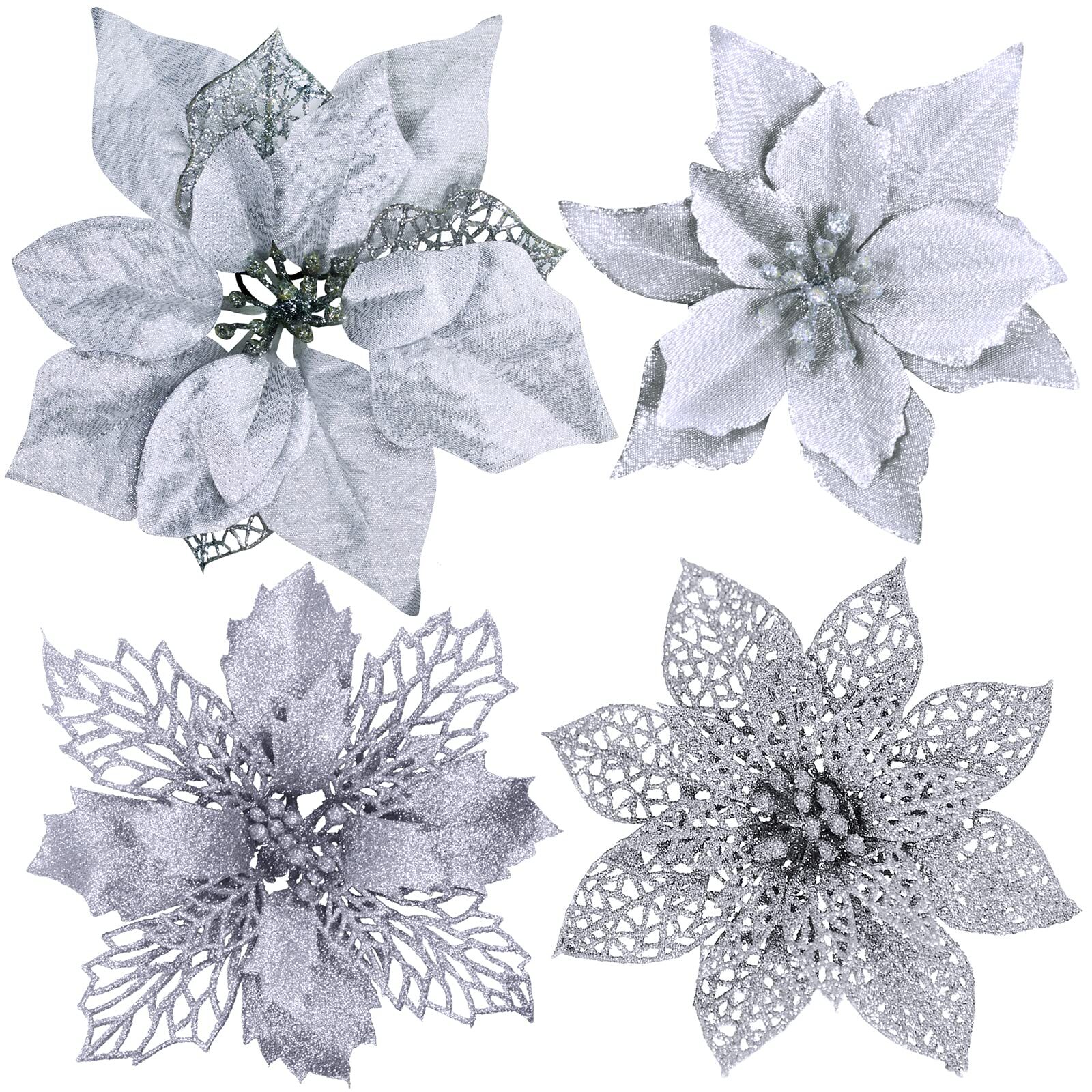 24 Pcs 4 Styles Christmas Silver Metallic Mesh Glitter Artificial Poinsettia Flo