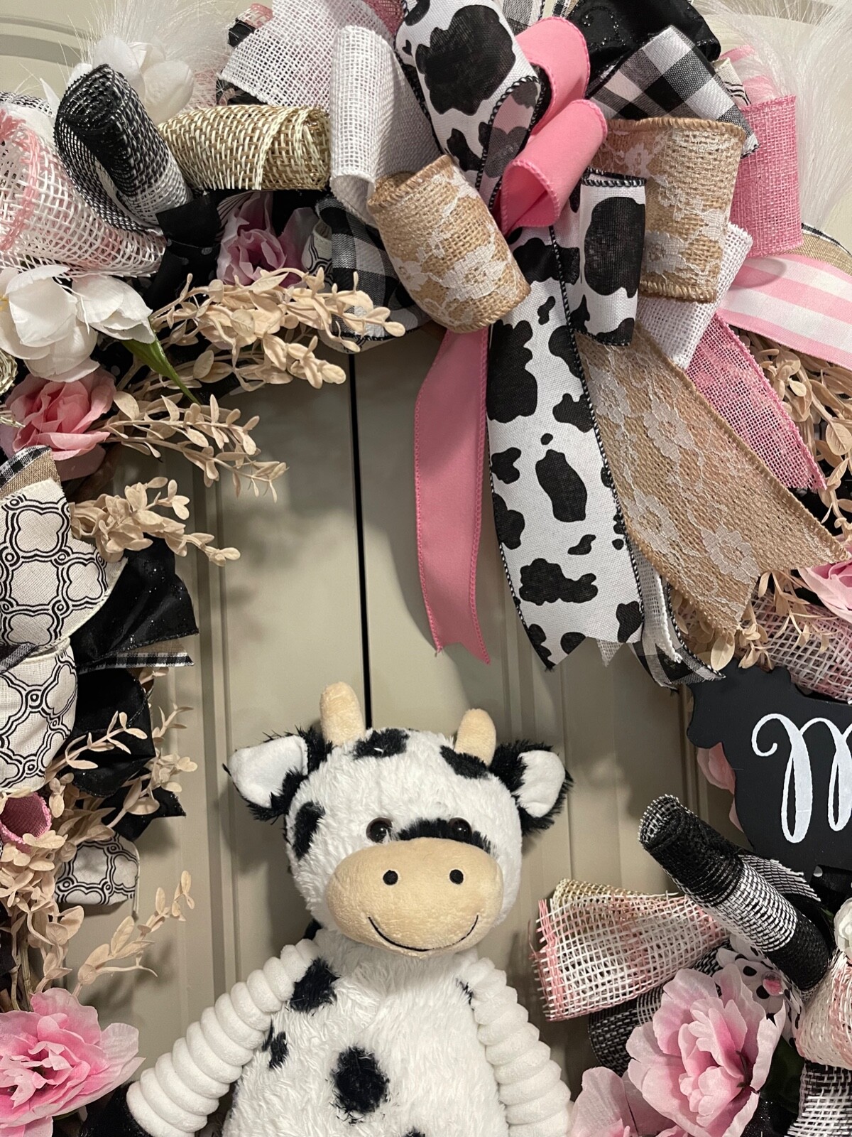 Farm MOO Cow floral mesh grapevine wreath by Taylormadecustombows 32x28x7″