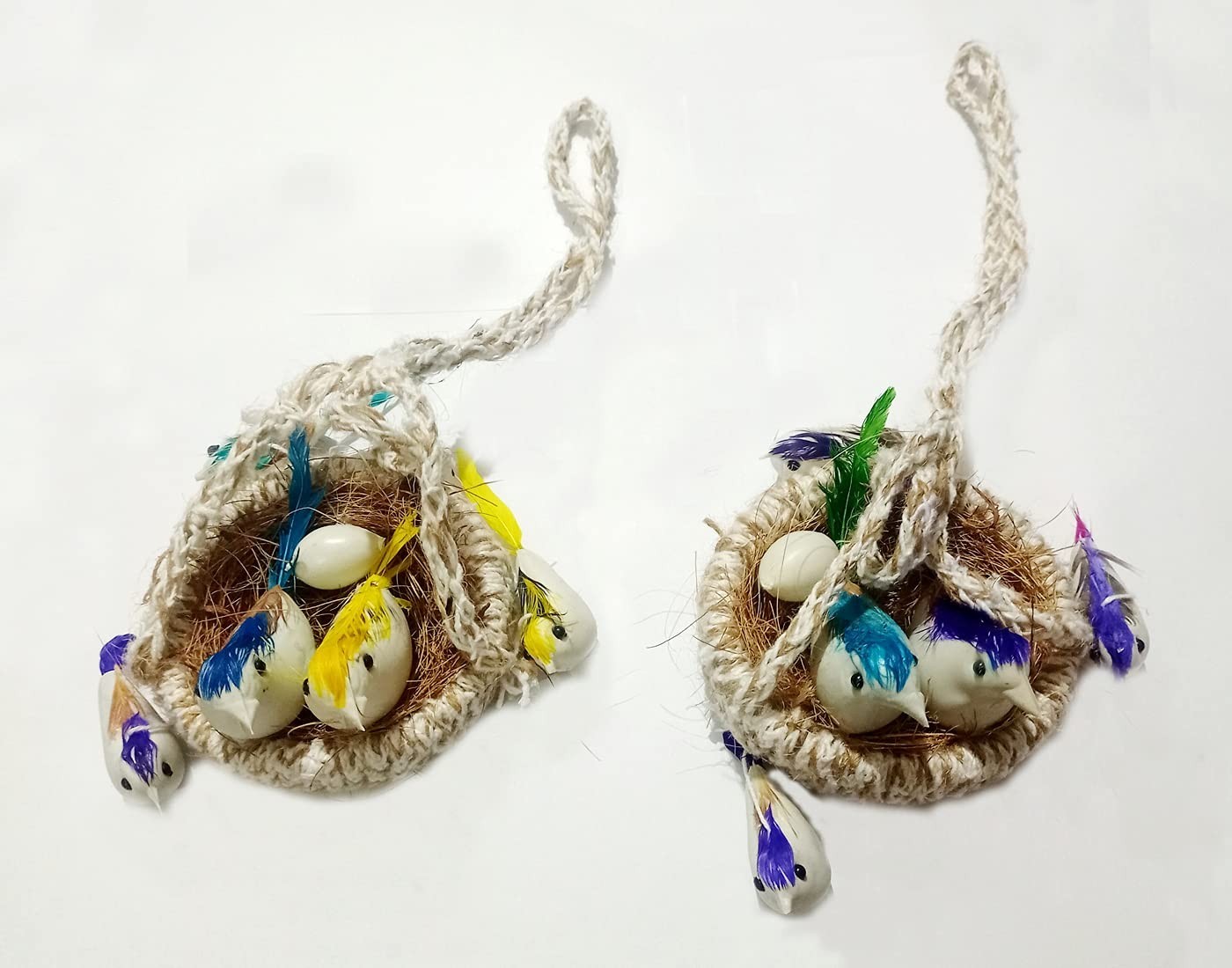 2 pcs Artificial Jute Hanging Birds with Hanging Nest Jhumar Showpiece for Home